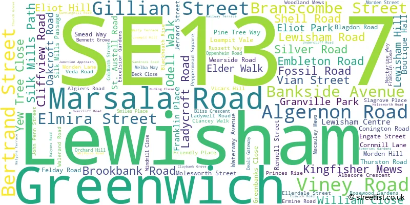 A word cloud for the SE13 7 postcode